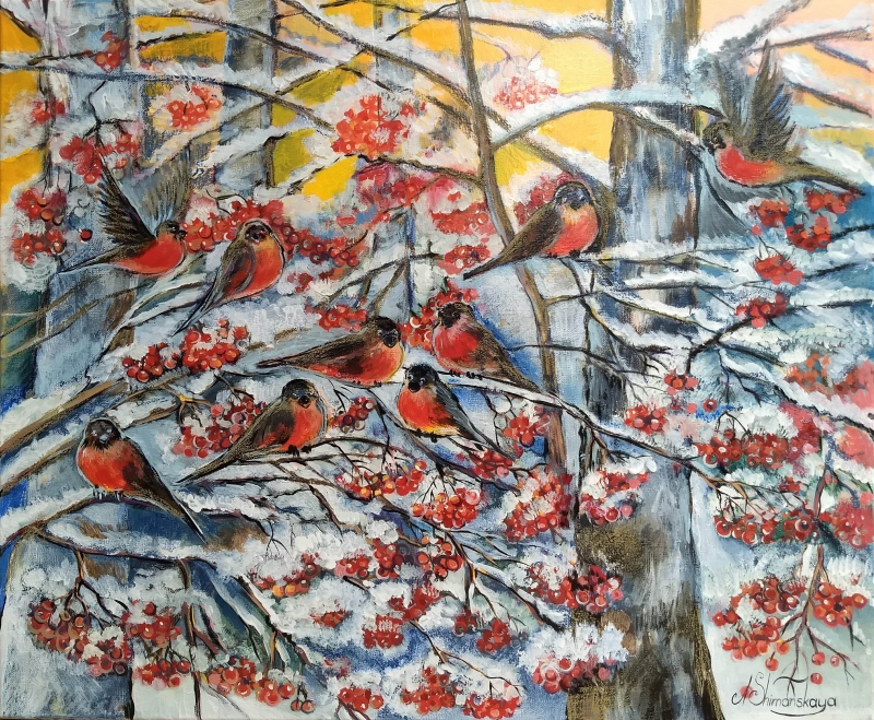 Winter. Bullfinches. Russia. by artist Anastasia Shimanskaya